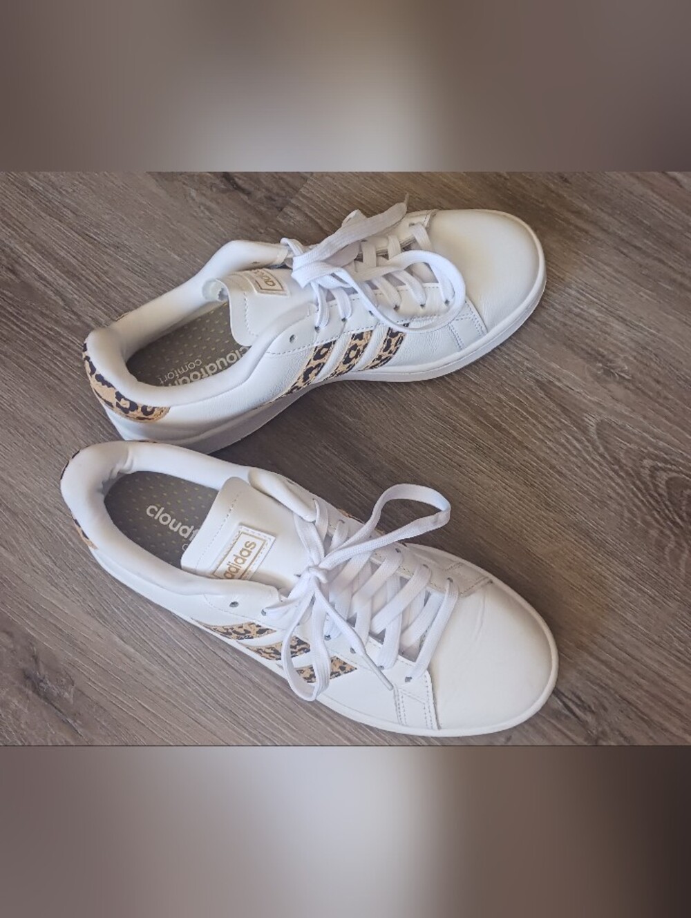 adidas White Sneakers with Leopard-Print Stripes, W Size 8.5 - Picture 5 of 11